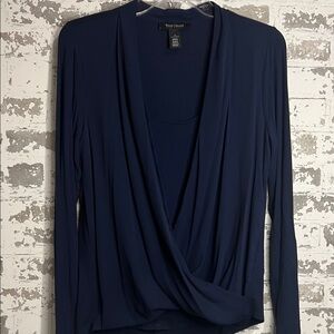 White House Black Market Navy Faux-Wrap Long Sleeve Top